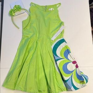 NEW Tahari girls' dress skater Dress with Matching Headband Bright Green
